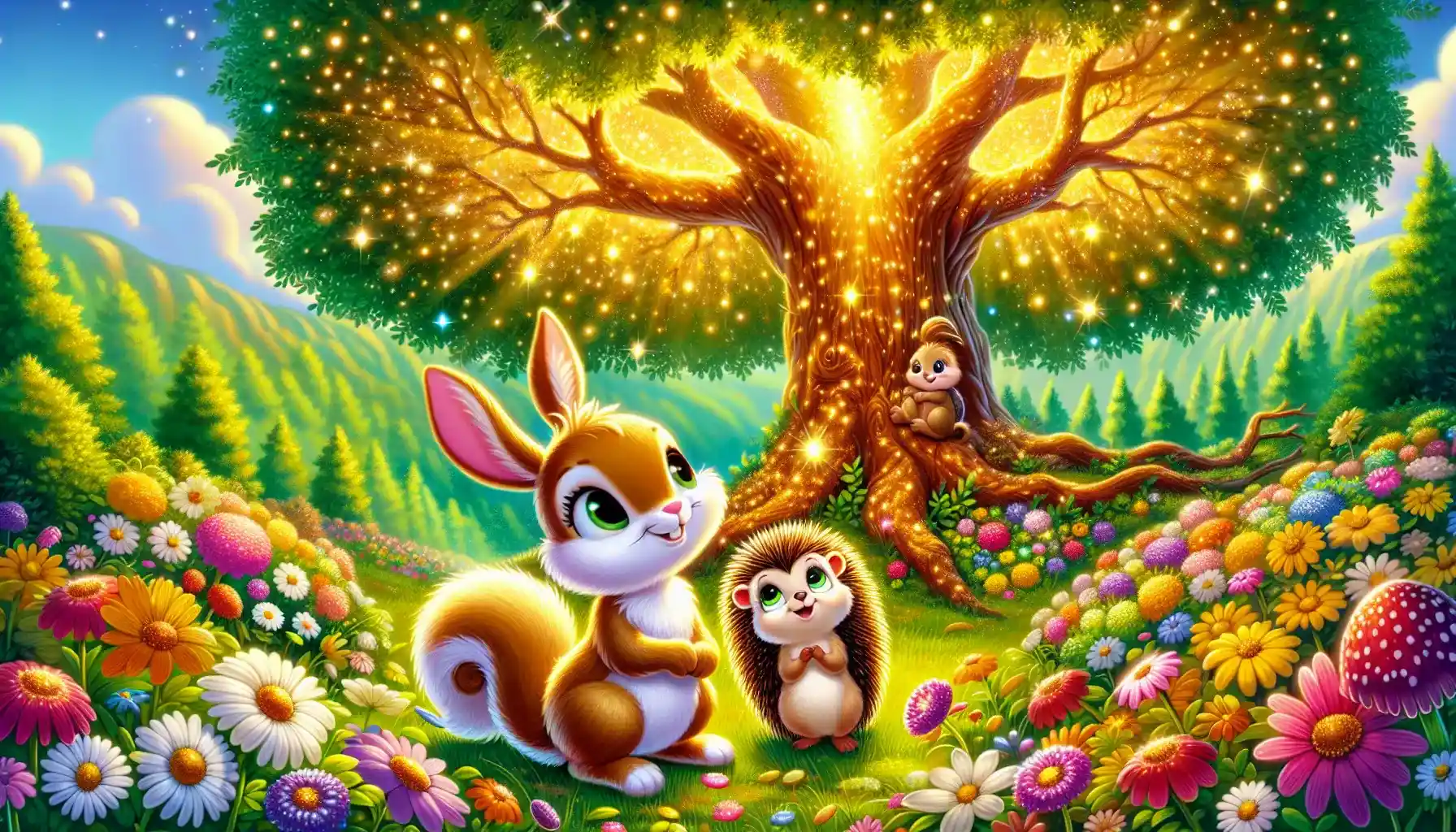 cartoon-style scene of the bunny, squirrel, and hedgehog standing beneath a glowing tree with golden leaves. The meadow is bursting with colorful flowers, lively insects, and butterflies, creating a magical and cheerful atmosphere.