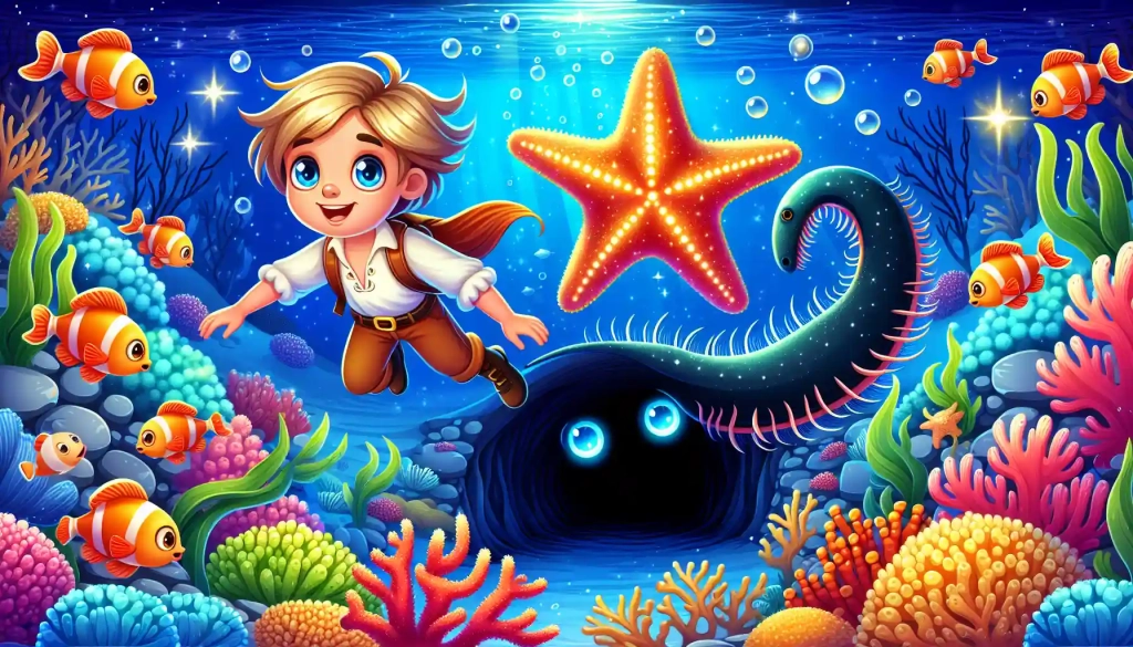 Lila swims underwater with a glowing starfish, surrounded by colorful coral and shimmering fish, near a dark trench with glowing eyes.