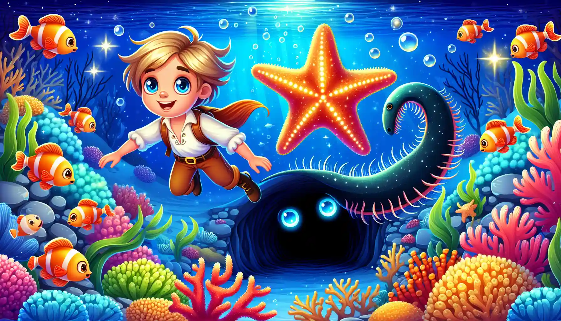 Lila swims underwater with a glowing starfish, surrounded by colorful coral and shimmering fish, near a dark trench with glowing eyes.