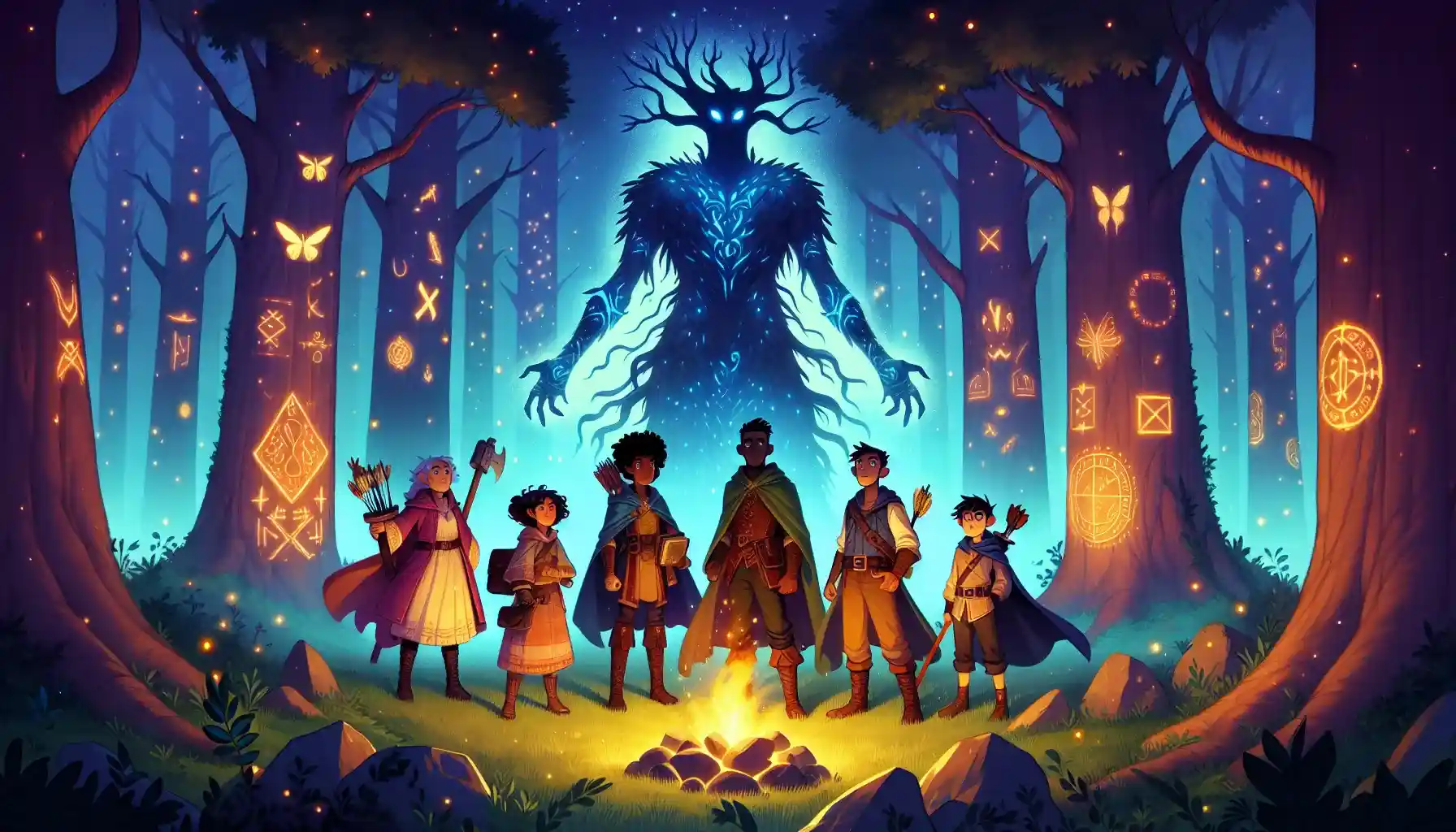 A colorful, cartoonish illustration of a magical forest at night. Glowing trees with runes etched into their bark surround a group of seven adventurers facing a towering shadowy guardian. The guardian flickers like firelight, while fireflies and the soft glow of the forest illuminate the scene. The adventurers show courage and wonder as they stand together in the enchanting clearing.