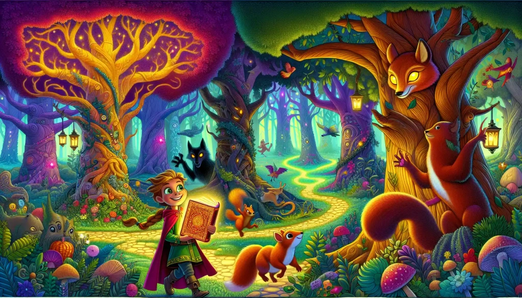 A magical forest with glowing paths, twisted trees, a girl holding a glowing book, a squirrel beside her, and a shadowy fox in the background.
