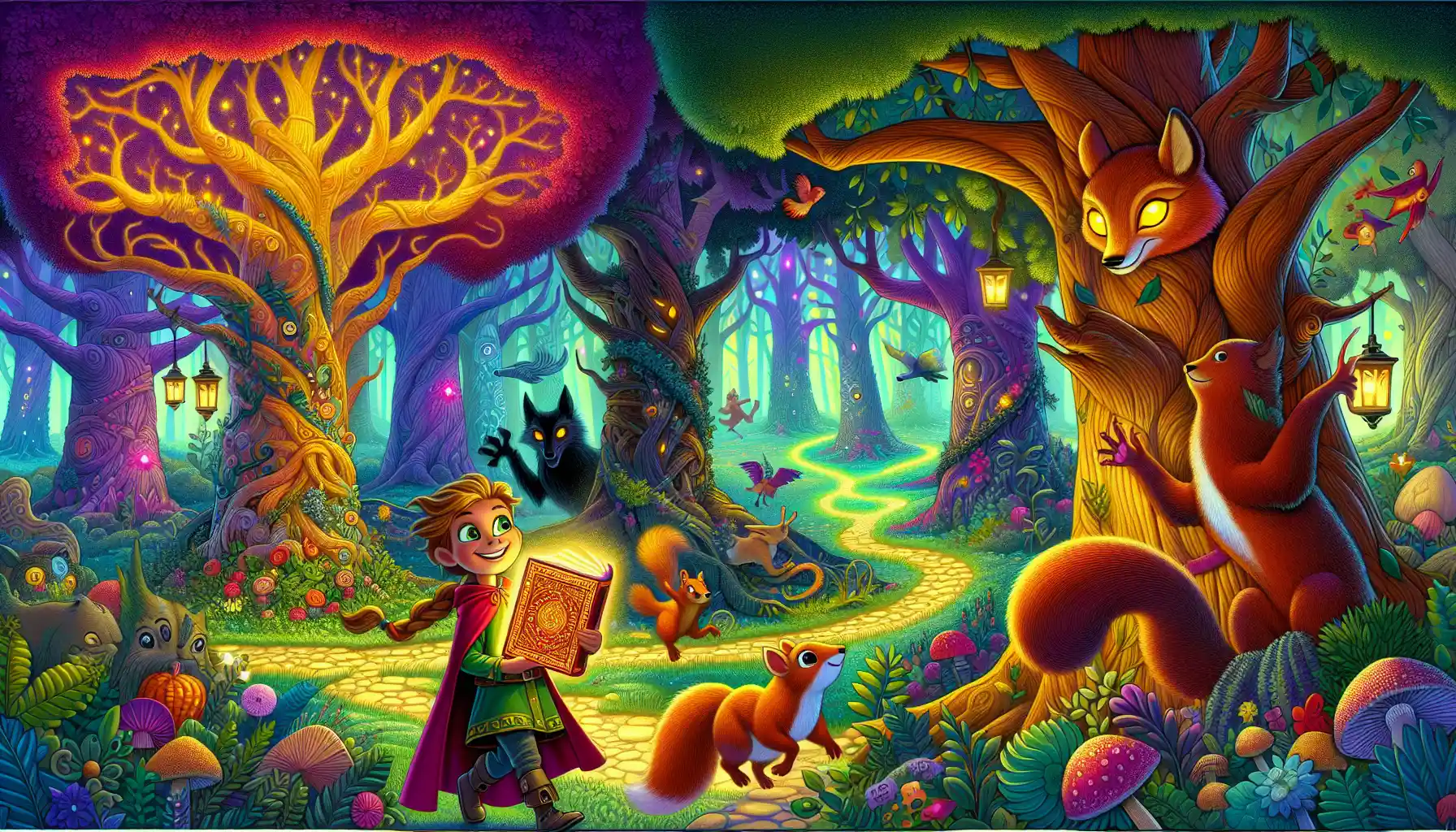 A magical forest with glowing paths, twisted trees, a girl holding a glowing book, a squirrel beside her, and a shadowy fox in the background.