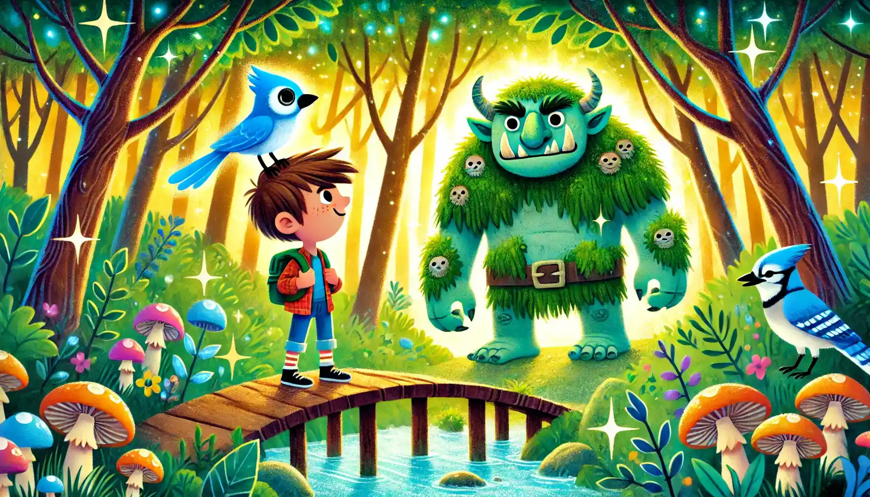 A young boy stands courageously at a mossy bridge, facing a large green troll, with a glowing blue jay perched on his shoulder amidst a magical forest.