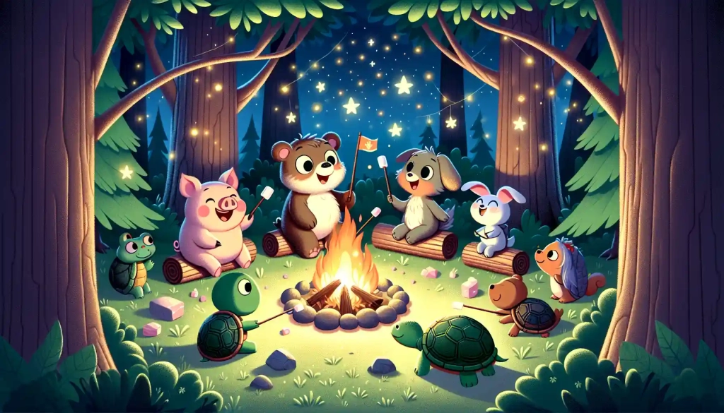Forest night scene with a pig, turtle, dog, squirrel, and bear around a campfire, roasting marshmallows and sharing stories under a starry sky.