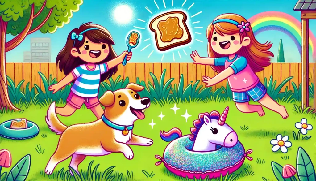 Two girls in a sunny backyard—one waves a slice of peanut butter toast to distract a playful dog, while the other dives to grab a glittery unicorn pillow on the grass.