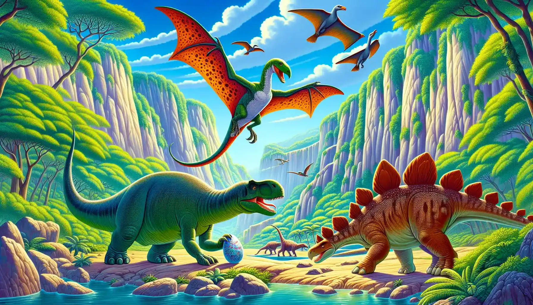 A colorful cartoon of three dinosaurs—a green Apatosaurus, an orange Stegosaurus, and a brown T-Rex—standing near a cliff, handing a shiny, speckled egg to a family of flying Pterodactyls. The scene is surrounded by lush greenery, a bright blue sky, and rocky cliffs.