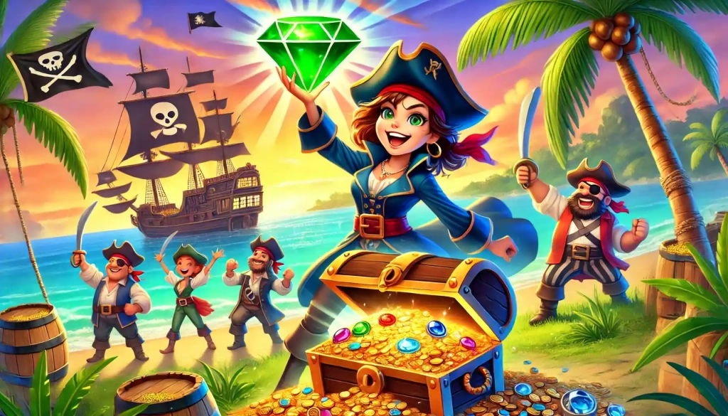 A pirate captain triumphantly holds a glowing emerald as her crew cheers near a treasure chest, with palm trees and a retreating pirate ship under a vibrant sunset.
