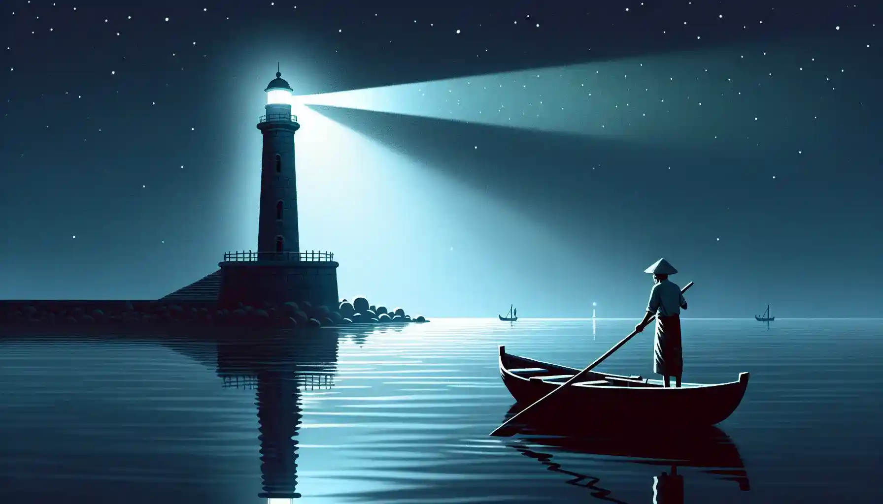 A peaceful night scene with a glowing lighthouse on a rocky coastline, a man rowing a small boat across calm, star-reflecting waters toward a faint, mysterious light on the distant horizon.
