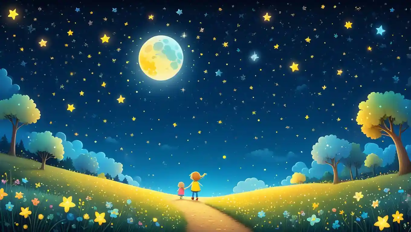 A cartoonish night sky with a little star glowing brightly, surrounded by other stars, as it helps guide a lost girl on the ground.