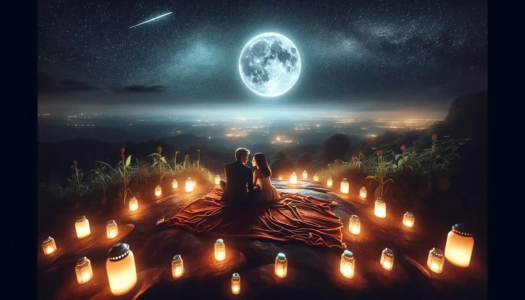 A romantic hilltop scene at night with a couple sitting on a cozy blanket surrounded by glowing lanterns. Stars fill the sky, and a shooting star streaks across, while the moonlight softly illuminates the couple sharing a tender moment.