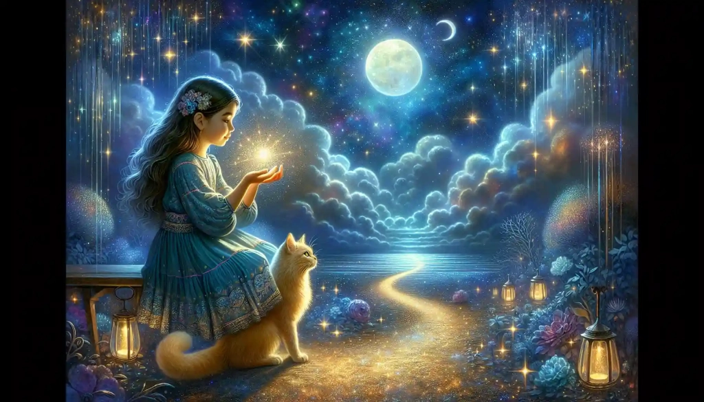 A magical night sky with a young girl and her golden cat floating among stars and clouds, holding a glowing moonbeam.
