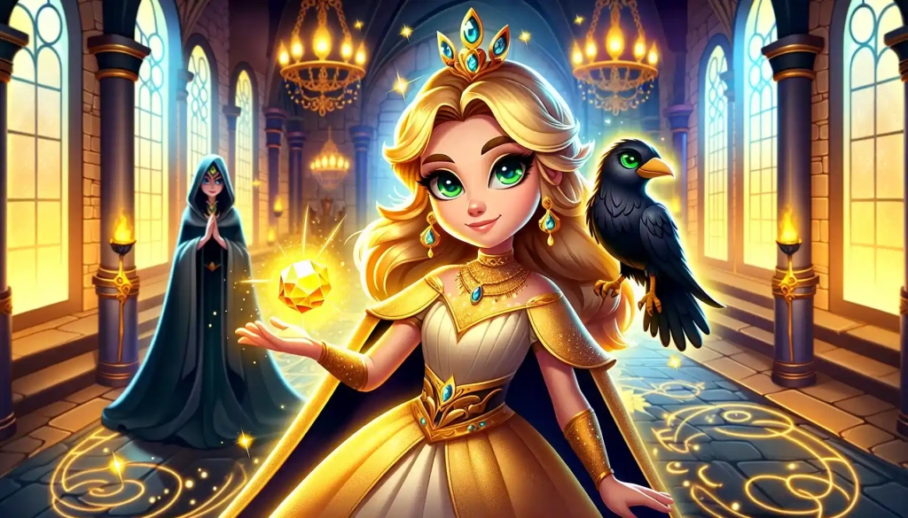 A vibrant cartoon-style illustration of Princess Isolde standing confidently in a glowing chamber. She holds a radiant magical gem emitting golden light, her calm and determined expression complemented by a proud black raven perched on her shoulder. The background features the mysterious witch Selvarra, dressed in flowing dark robes, with glowing emerald eyes and a softened expression. The chamber is grand, with intricate stone walls and faintly glowing magical symbols. The warm golden light fills the scene, creating a magical and triumphant atmosphere.