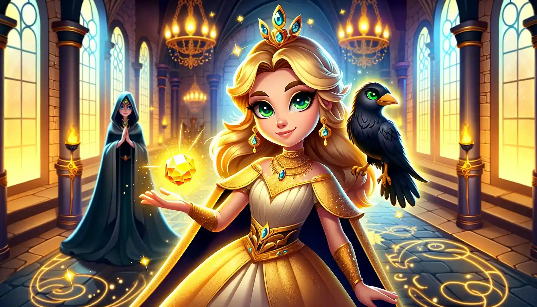 A vibrant cartoon-style illustration of Princess Isolde standing confidently in a glowing chamber. She holds a radiant magical gem emitting golden light, her calm and determined expression complemented by a proud black raven perched on her shoulder. The background features the mysterious witch Selvarra, dressed in flowing dark robes, with glowing emerald eyes and a softened expression. The chamber is grand, with intricate stone walls and faintly glowing magical symbols. The warm golden light fills the scene, creating a magical and triumphant atmosphere.