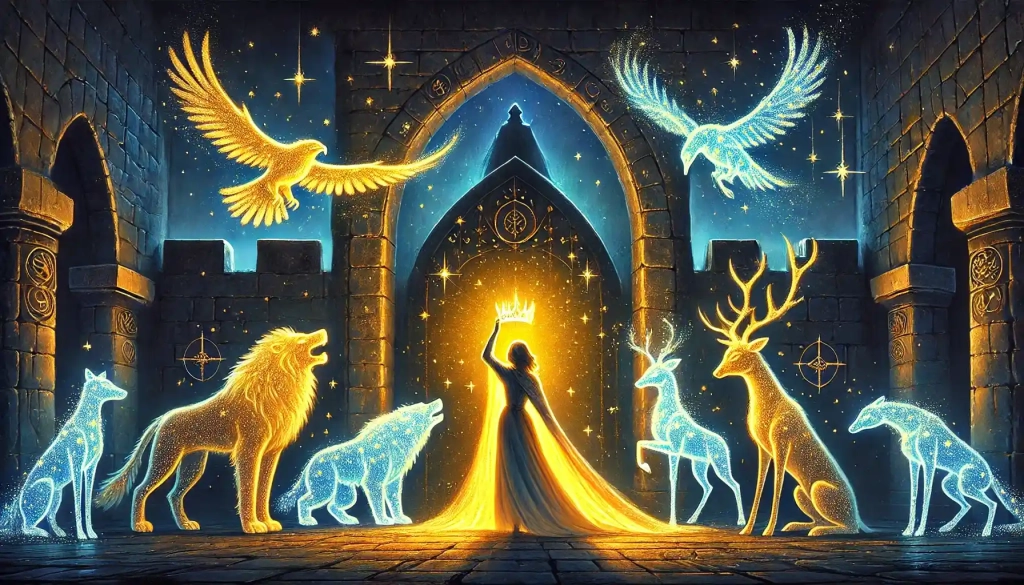 A princess stands in a dark fortress holding a glowing crown, surrounded by a wolf, eagle, stag, and serpent made of shimmering stardust, while a shadowy figure fades in the background.