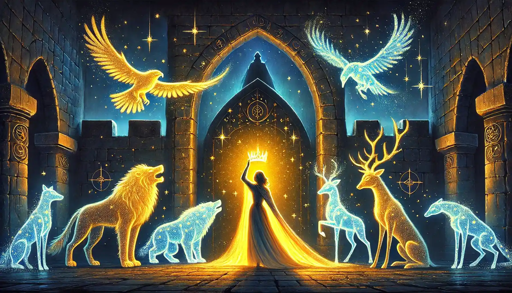 A princess stands in a dark fortress holding a glowing crown, surrounded by a wolf, eagle, stag, and serpent made of shimmering stardust, while a shadowy figure fades in the background.