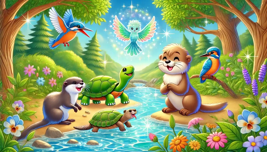 A cheerful otter, turtle, kingfisher, and beaver work together at a sparkling river bend, surrounded by lush greenery, as a glowing magical river spirit hovers above the water.