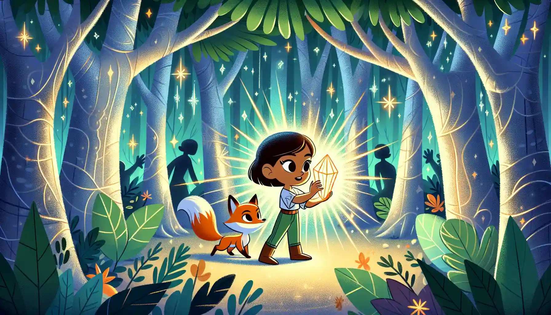 A colorful cartoon forest with a young girl holding a glowing crystal beside an orange fox. Magical trees glow as shadows retreat in the background.