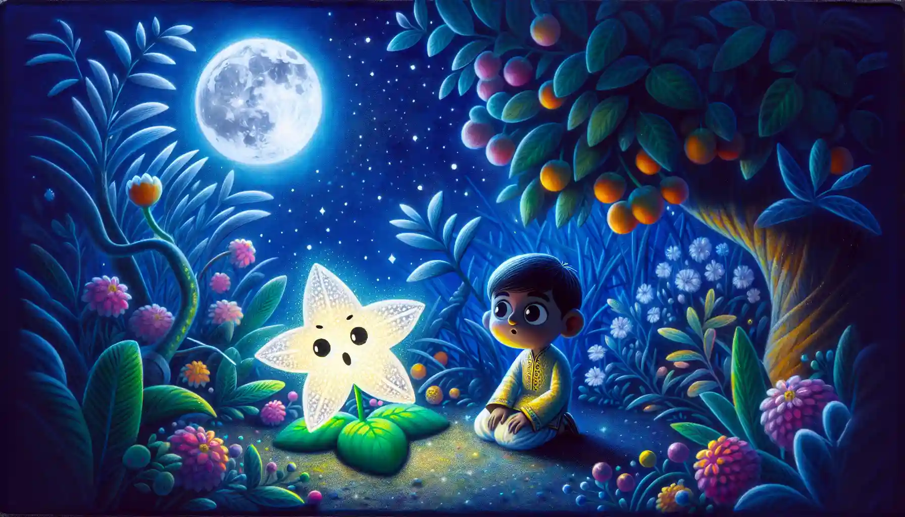 A glowing star named Twinkle sits on a flower in a garden at night, with a kind boy Leo kneeling beside it under the bright Moon.