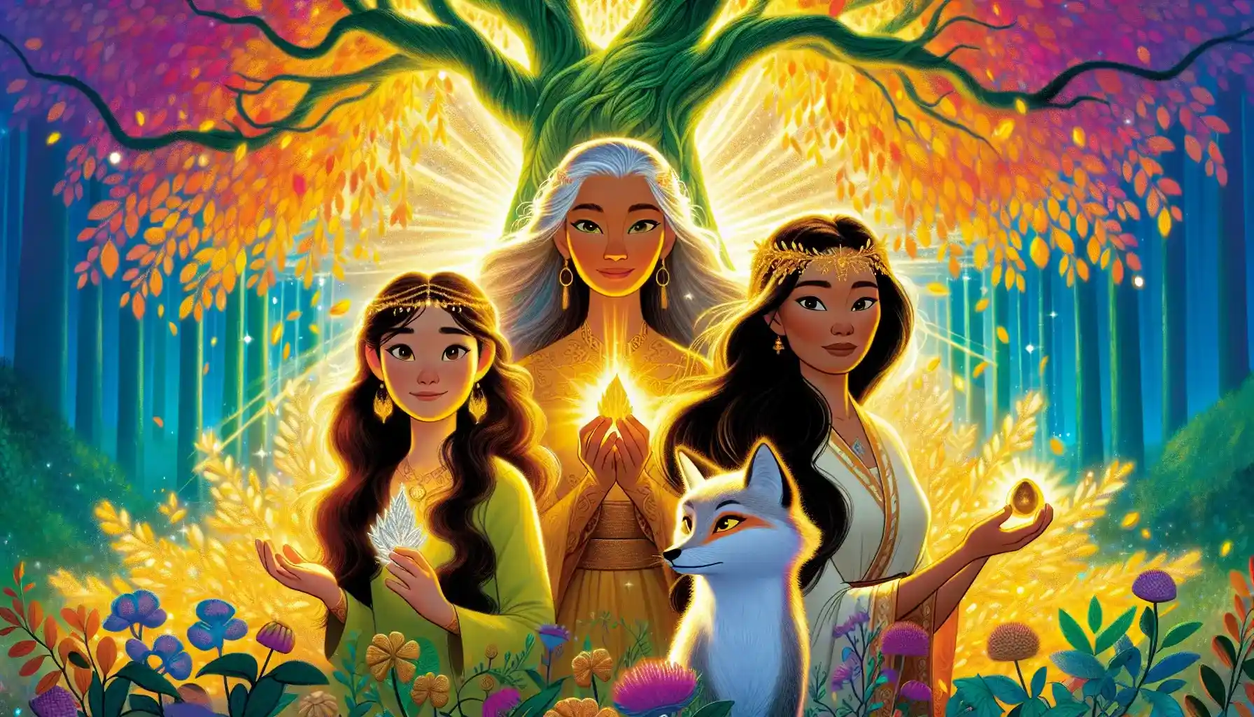 Three sisters under a magical tree with golden leaves, holding a feather, scale, and acorn, guided by a silver fox in a forest.