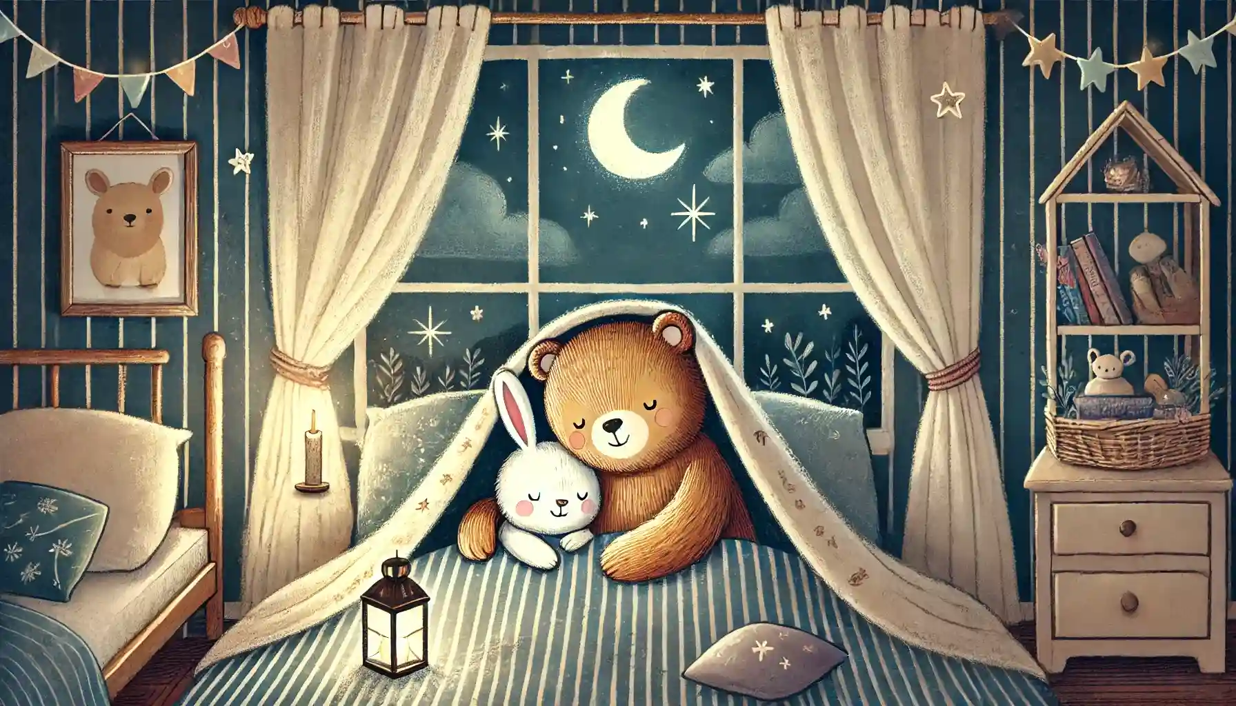 A bear and rabbit snuggle under a blanket in a cozy, moonlit room with warm, comforting decor.