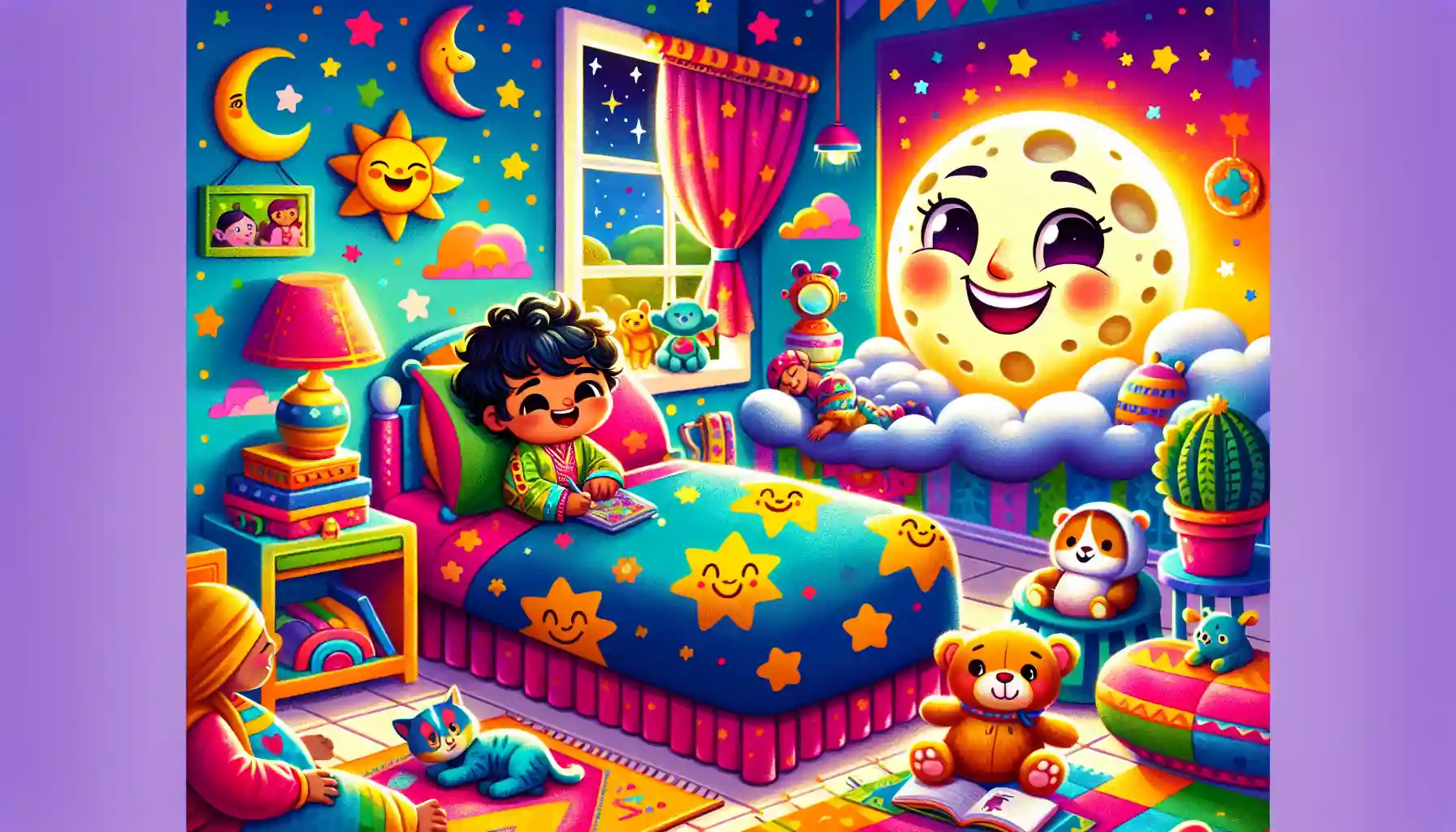 A toddler in bright pajamas lies in a cloud-shaped bed with colorful stars and moons on the walls, surrounded by toys and a glowing, smiling moon.