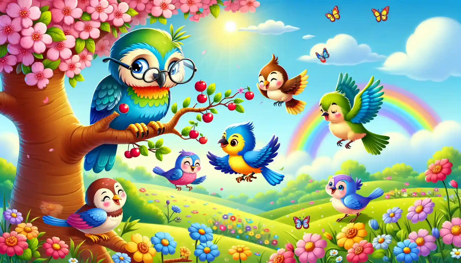 Colorful birds on a blossoming tree in a sunny meadow with a rainbow and butterflies nearby