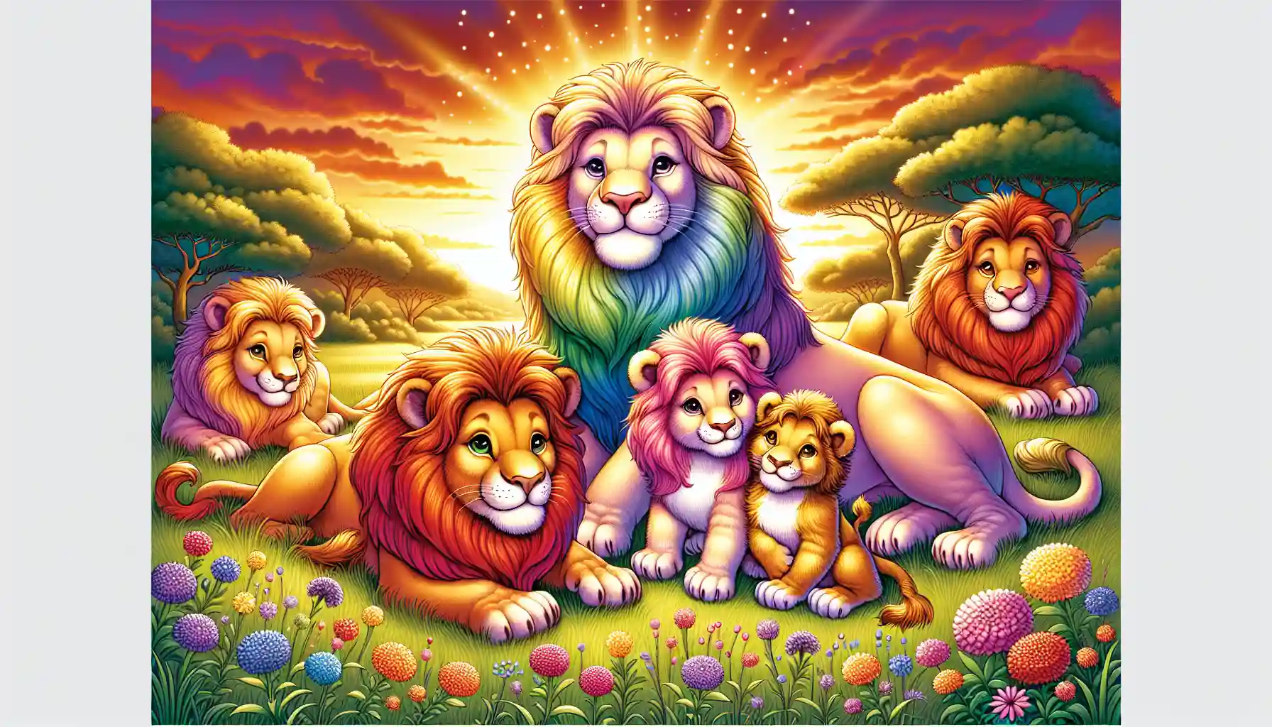Big, friendly lions sitting on a grassy savanna under a glowing sunset with playful cubs nearby