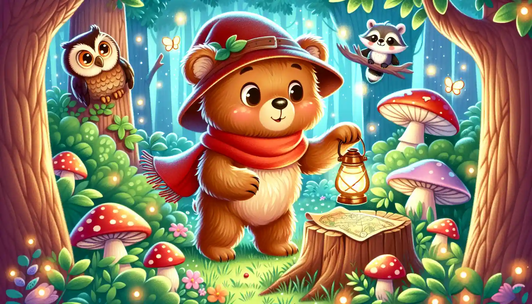 A bear cub with a lantern explores a glowing forest, studying a treasure map with fireflies and animals nearby