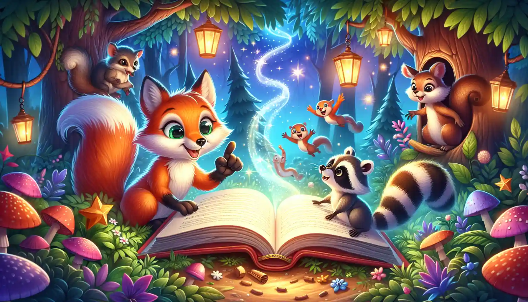 Cheerful animals around a glowing storybook in a magical forest with twinkling lights and lanterns.