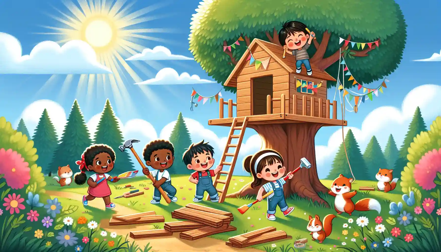 Kids build a colorful treehouse in a sunny meadow with animals watching, a flag on top, and a joyful atmosphere of teamwork.