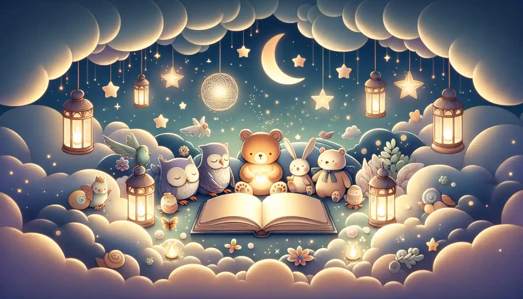 Glowing storybook on a cloud bed with sleepy animals, stars, and a soothing twilight sky