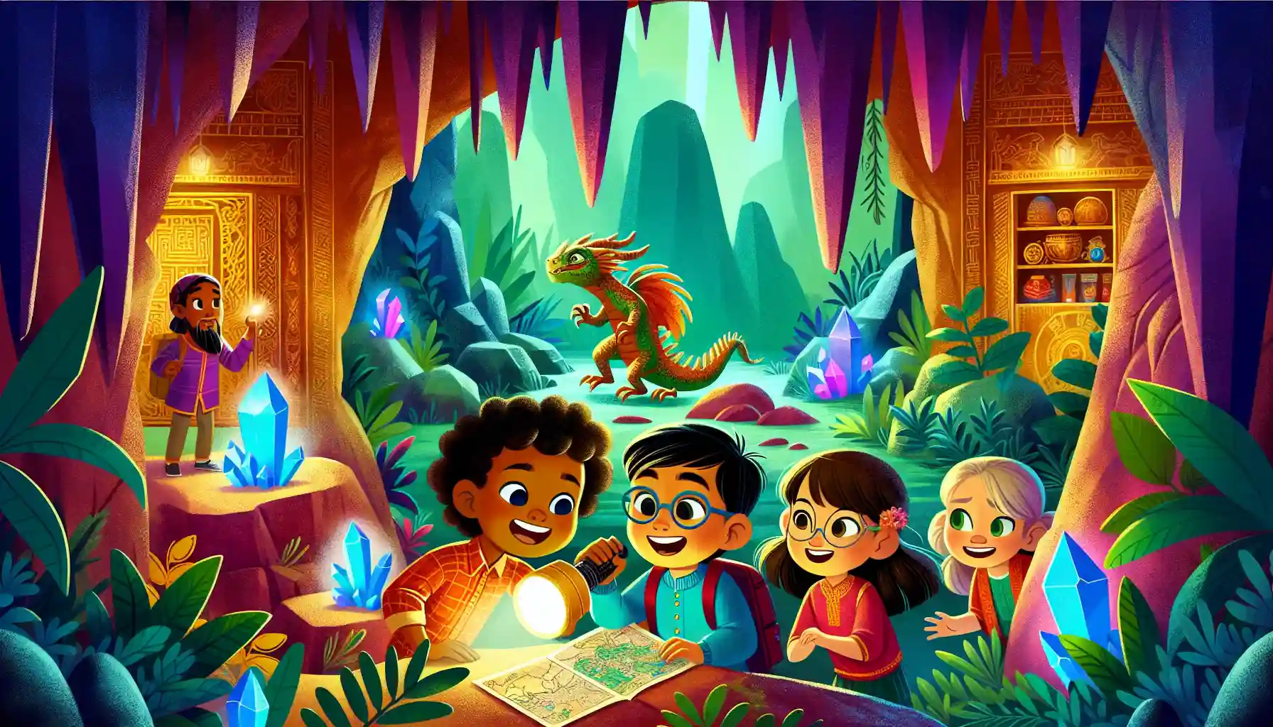 A group of kids exploring, finding mysterious map. There is a dragon in the background
