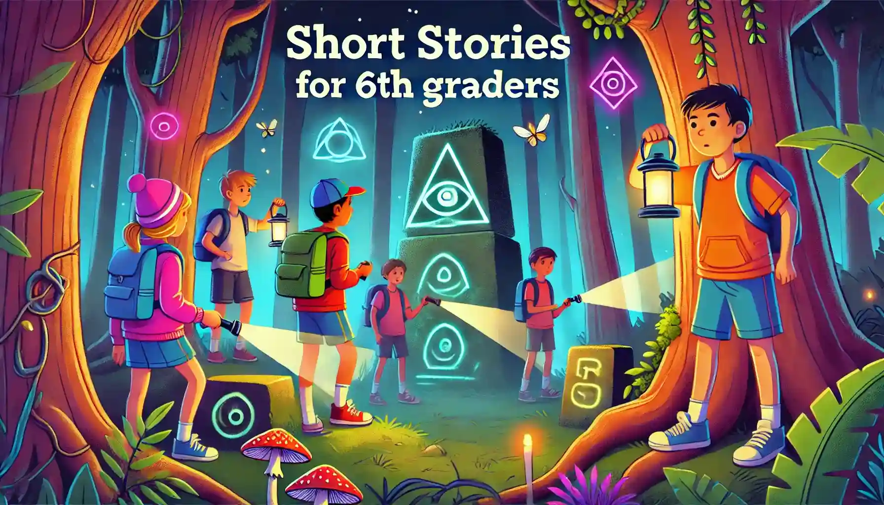 A group of kids exploring glowing ruins in a mysterious forest, carrying maps and flashlights under a magical sky
