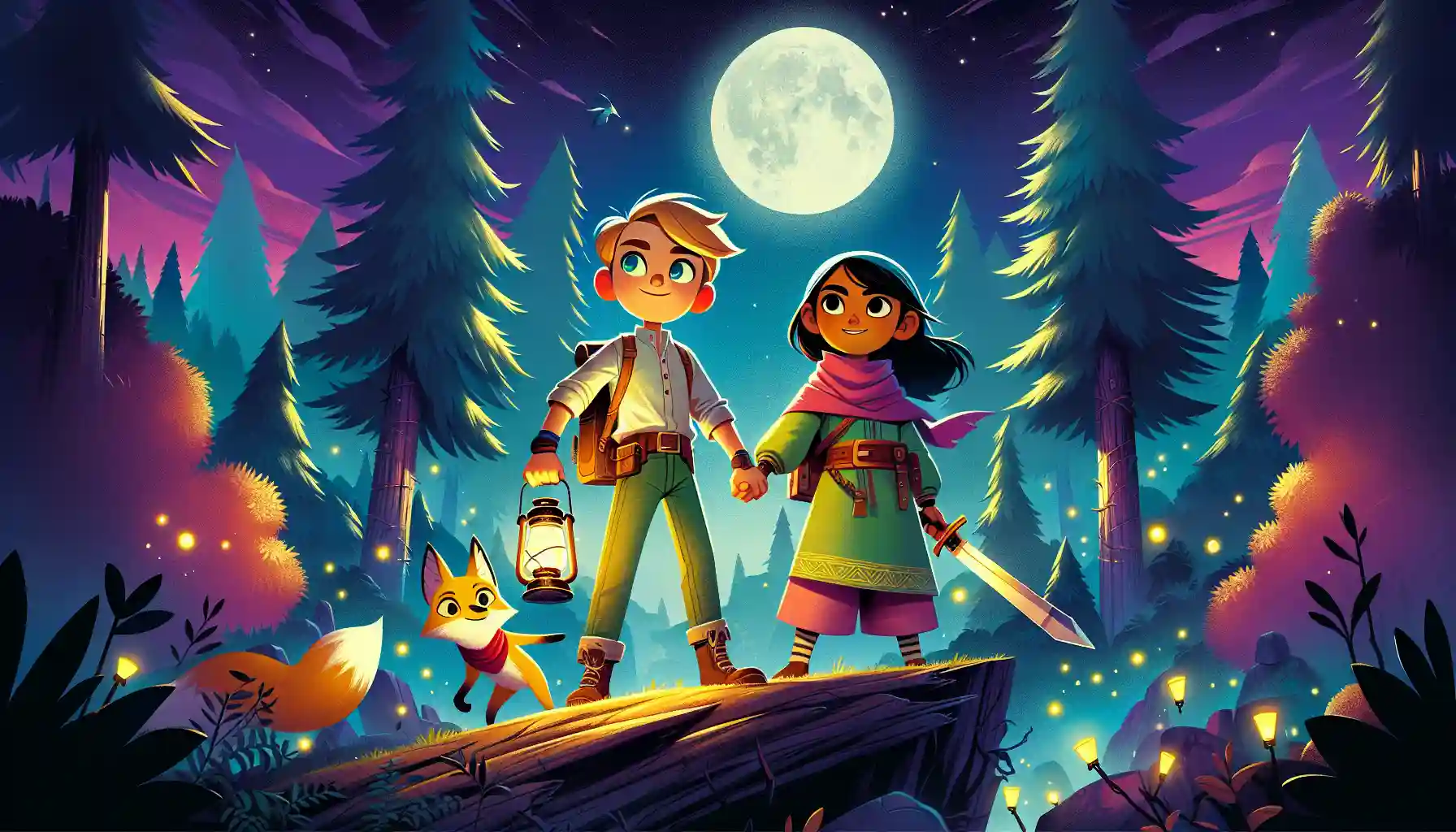 Two advanture caracthers, one man and one women, under shining moonlight