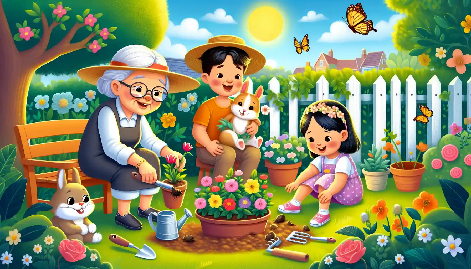 Grandma, without a hat, helps kids plant flowers in a colorful garden with tools, blooming flowers, and a playful bunny