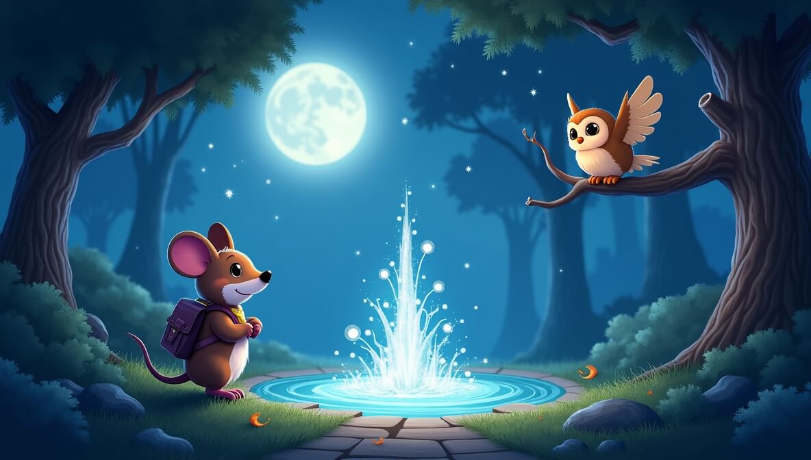 Tiny mouse with backpack gazes at a magical fountain; wise owl perched nearby in moonlit forest clearing.