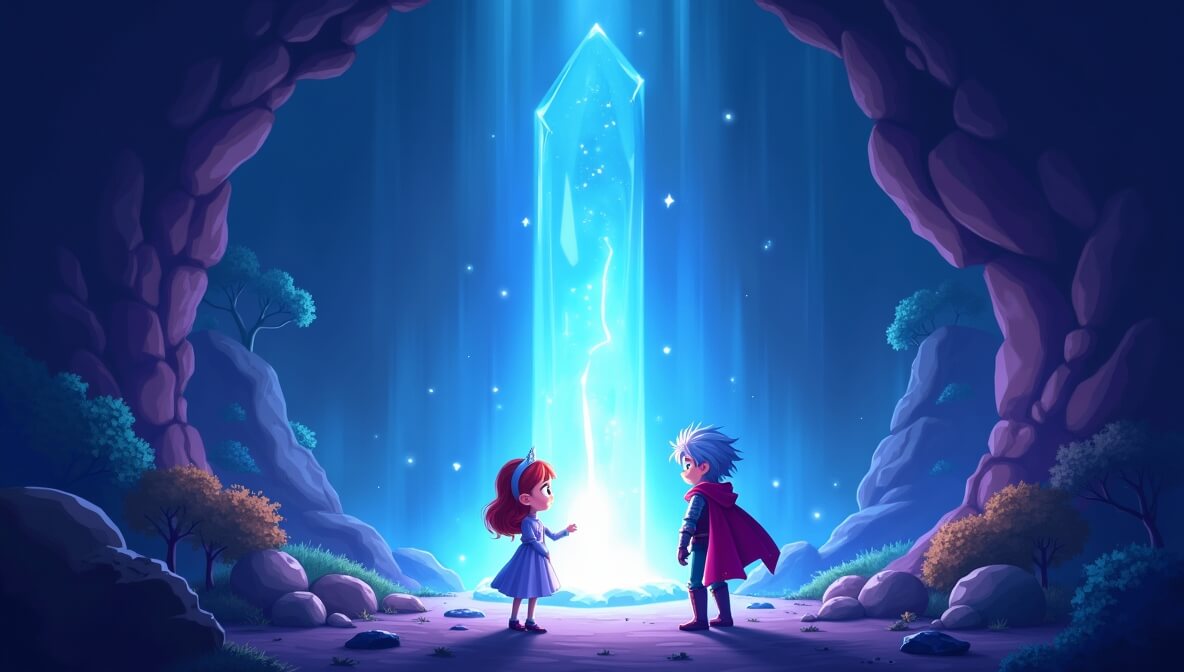 Brave knight and princess in a glowing cave, reaching for a radiant crystal amidst blue and purple shadows.