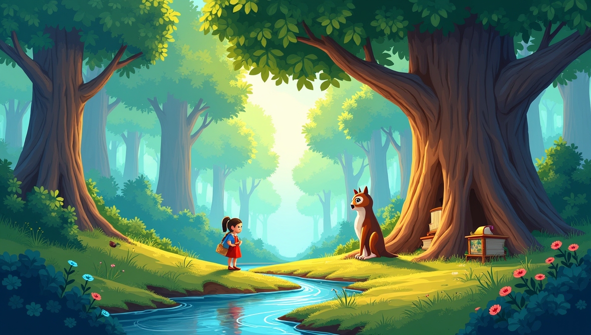 Curious girl, wise owl, and playful squirrel near a hidden golden acorn under vibrant green trees and shimmering river.