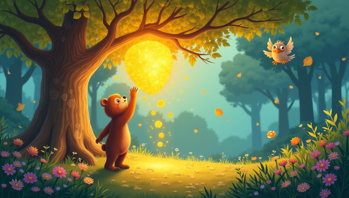 "Curious bear reaching for golden honeycomb in a magical forest, watched by a wise owl, with colorful flowers around."