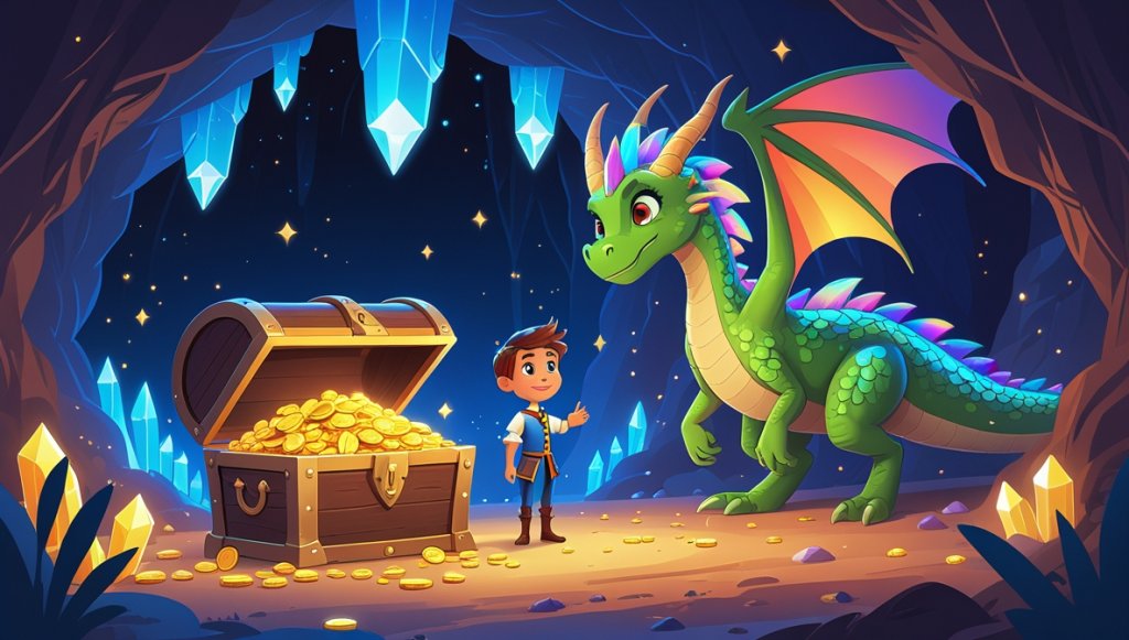 Princess and prince in glowing cave with treasure chest, watched by rainbow-scaled dragon under crystal lights.