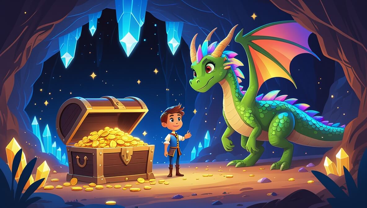 Princess and prince in glowing cave with treasure chest, watched by rainbow-scaled dragon under crystal lights.