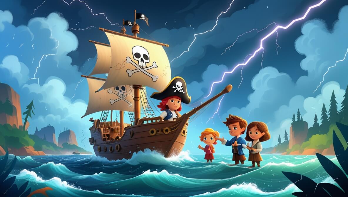 Pirate ship in storm, Captain Finnegan steering, Bella with map, Jasper pointing to distant island