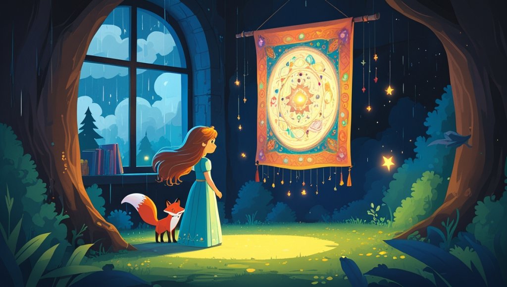 Princess with flowing hair gazes at a glowing tapestry with a fox beside her; dark clouds gather outside.