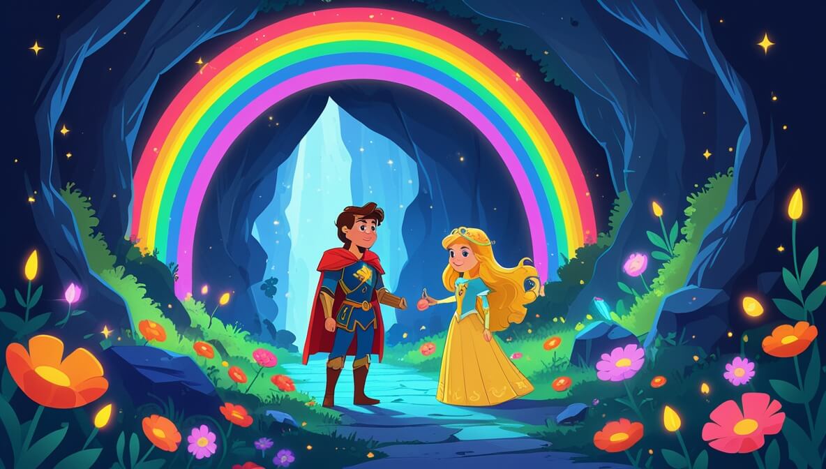 Princess Amara and Sir Garrick at a glowing cave entrance with sparkling gemstones and colorful flowers.