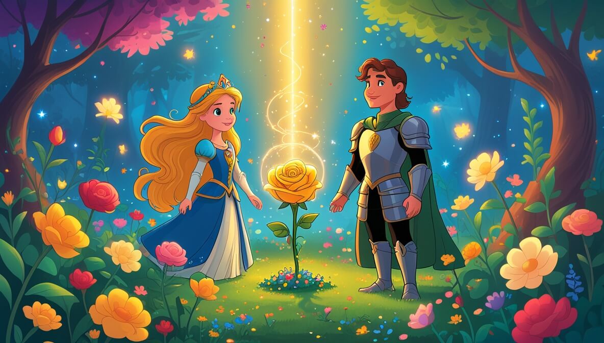 Princess with golden hair and knight in armor in a magical garden, glowing rose at the center, enchanted atmosphere.