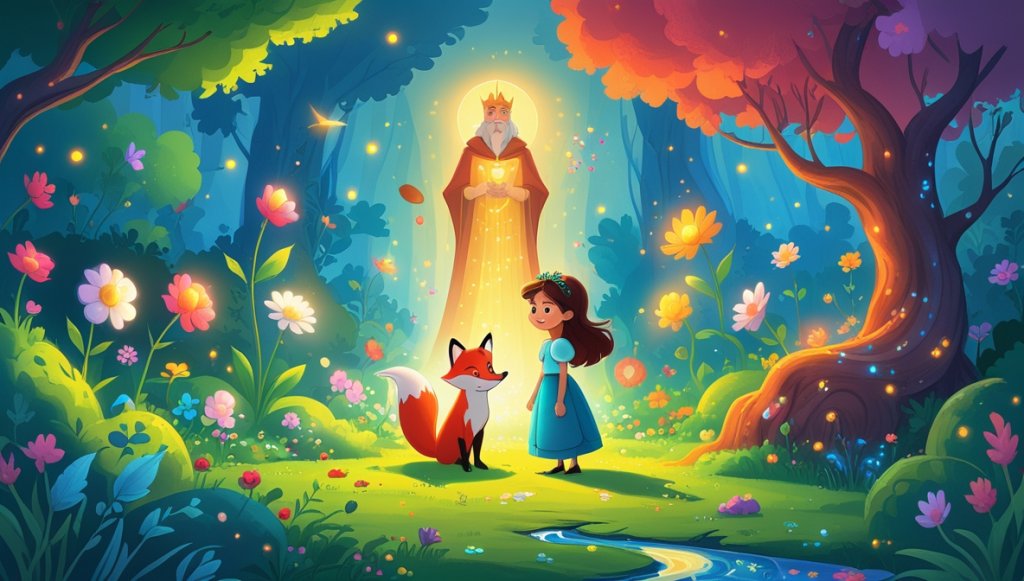 Young princess and talking fox in a colorful garden with sparkling streams and a magical glow.