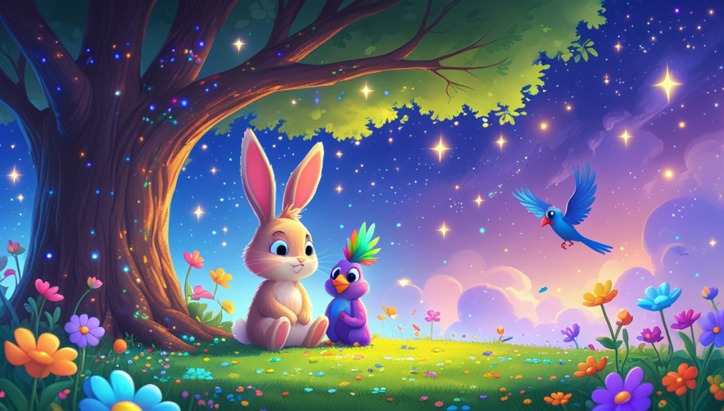 Fluffy bunny and rainbow bird under starlit sky in a garden of sparkling, colorful flowers.