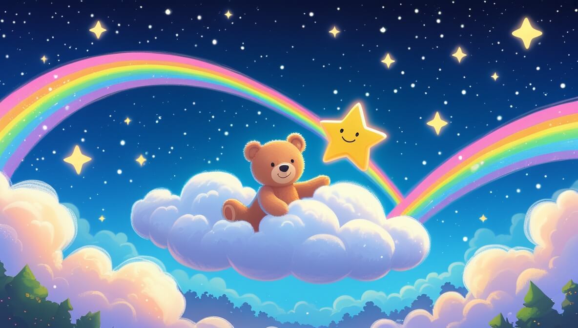 Benny the teddy bear floats on a cloud with Twinkle the star, under a sky of stars and a colorful rainbow.