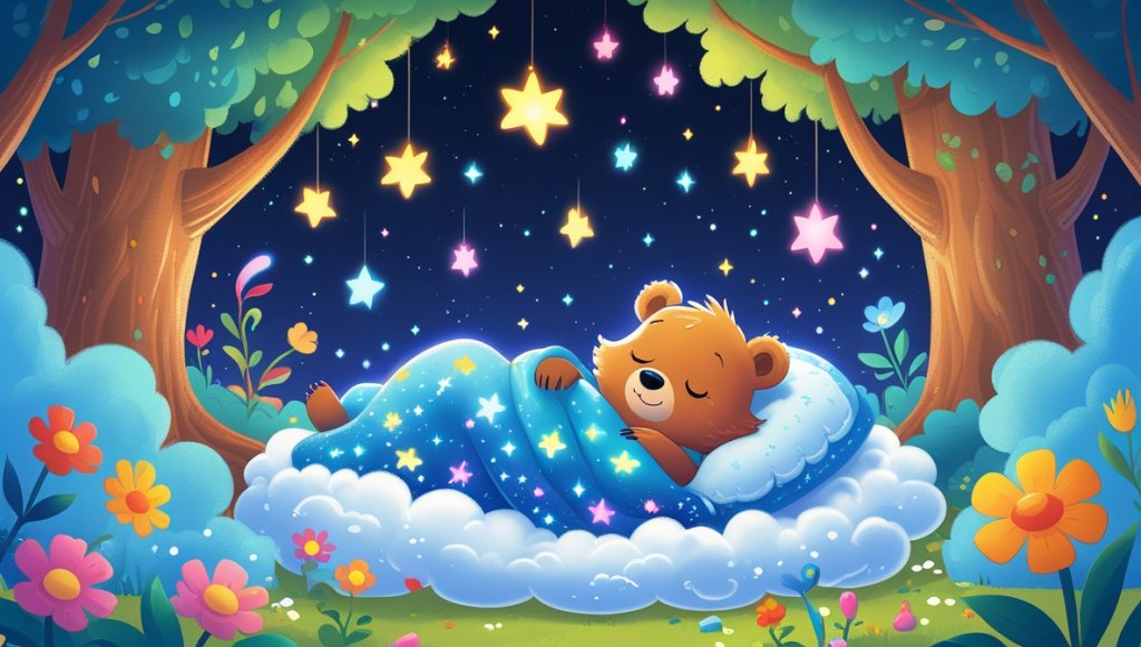 Little bear Benny floating on a fluffy cloud, surrounded by colorful flowers and sparkling stars in a cozy forest den.