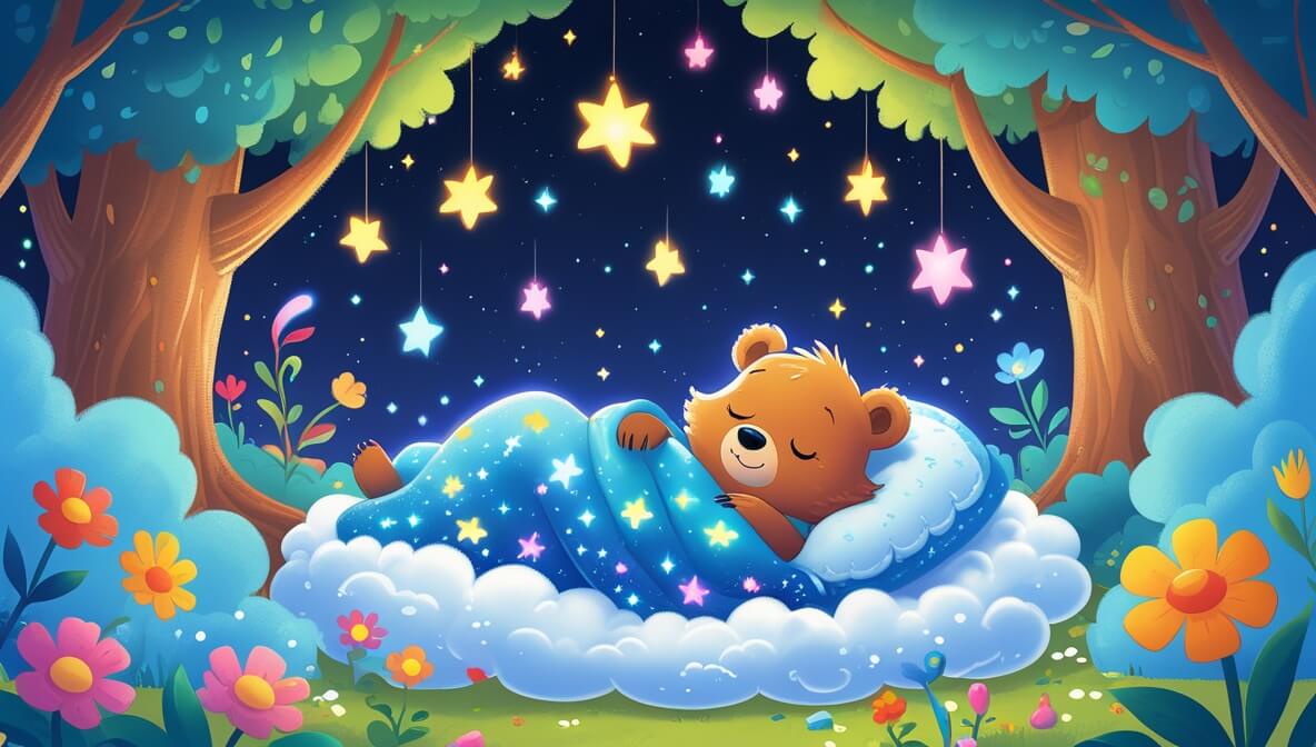 Little bear Benny floating on a fluffy cloud, surrounded by colorful flowers and sparkling stars in a cozy forest den.